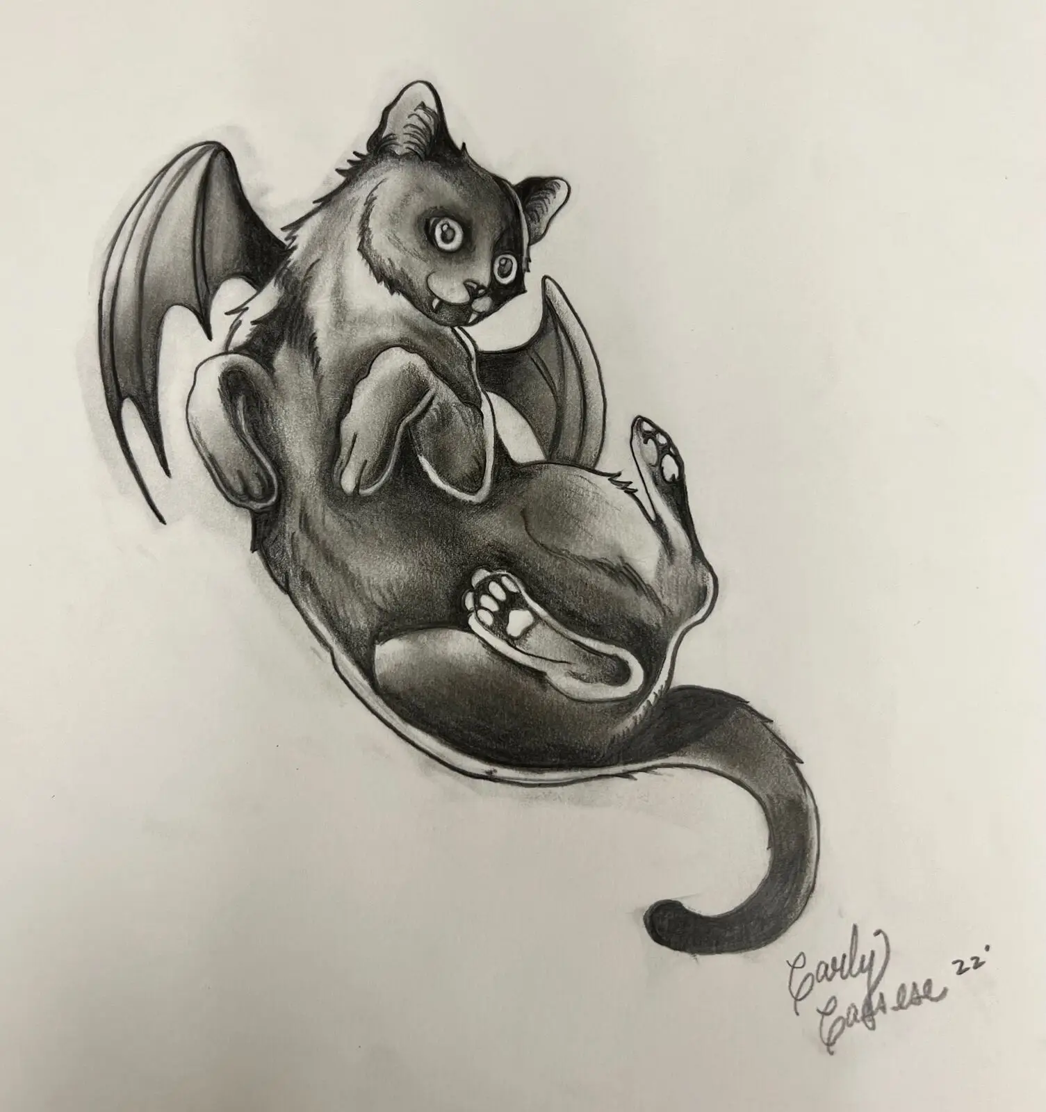 Black and grey pencil drawing of a winged bat-cat hybrid tattoo design by Carly Caprese, 2022