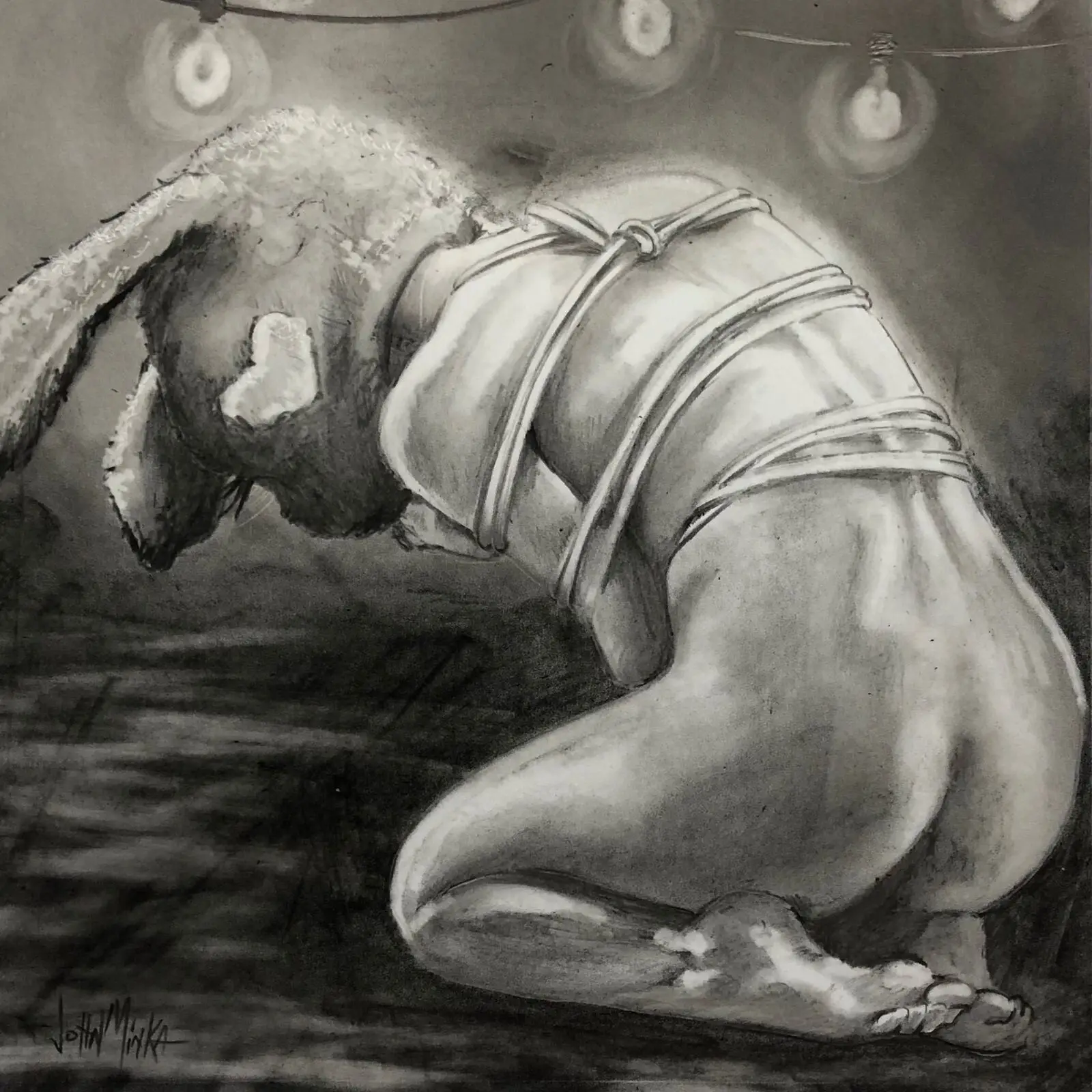 Charcoal sketch of a kneeling bound figure under string lights, signed John Minka