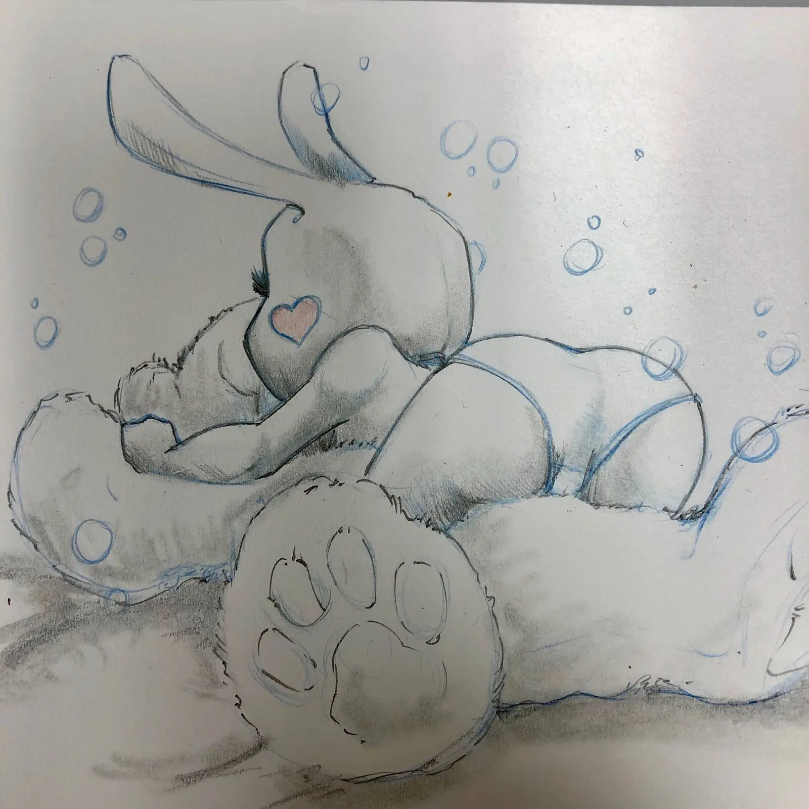 Soft pencil and blue-line sketch of a fluffy lop bunny with a pink heart marking floating among bubbles, by John