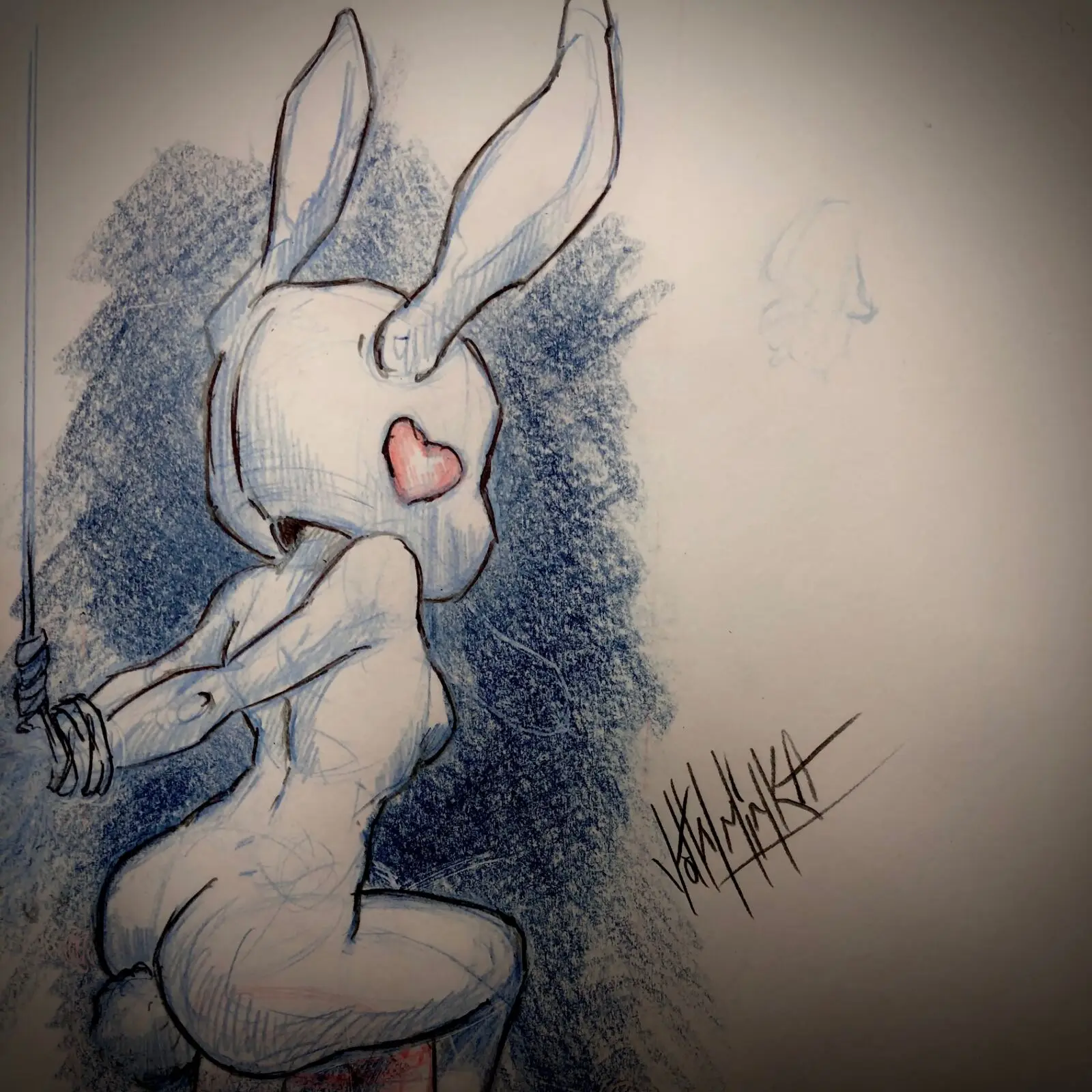 Blue pencil sketch of a kneeling figure in a heart-mouthed bunny mask holding a hangman's noose on a wooden stool