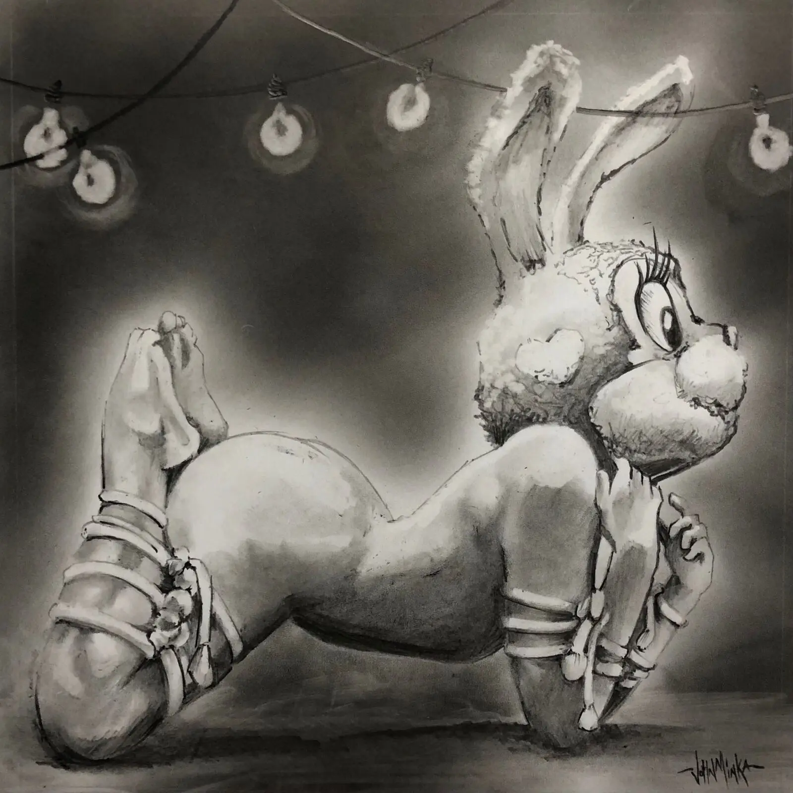 Charcoal sketch of a playful cartoon bunny pinup posed under string lights, signed John Minka
