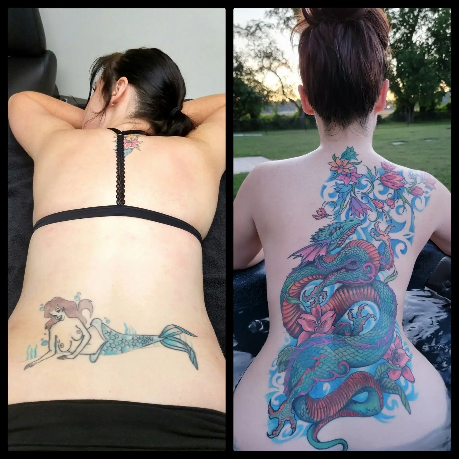 Full back cover-up tattoo transforming a faded mermaid into a vibrant blue and red Asian dragon with cherry blossoms