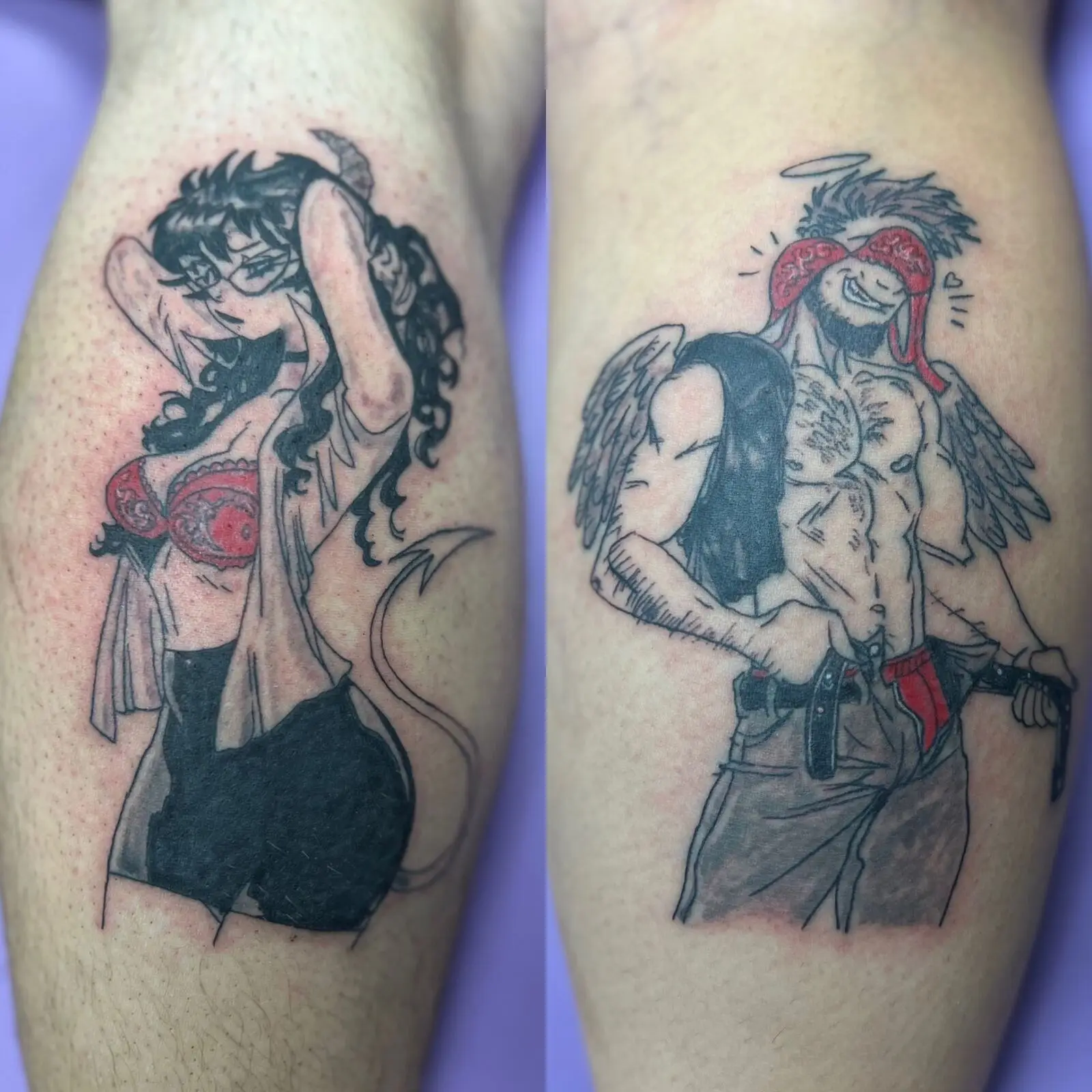 Matching anime-style calf tattoos of a devil pinup and an angel pinup with red bandana accents, by Carly