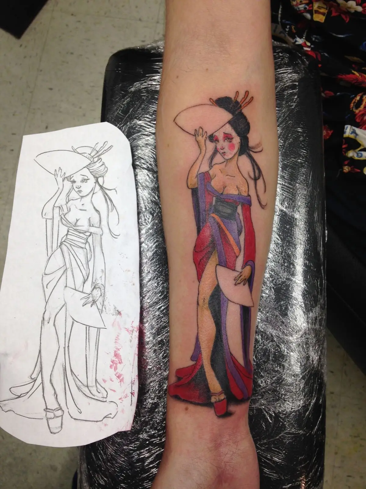 Neo-traditional geisha forearm tattoo with original pencil sketch reference