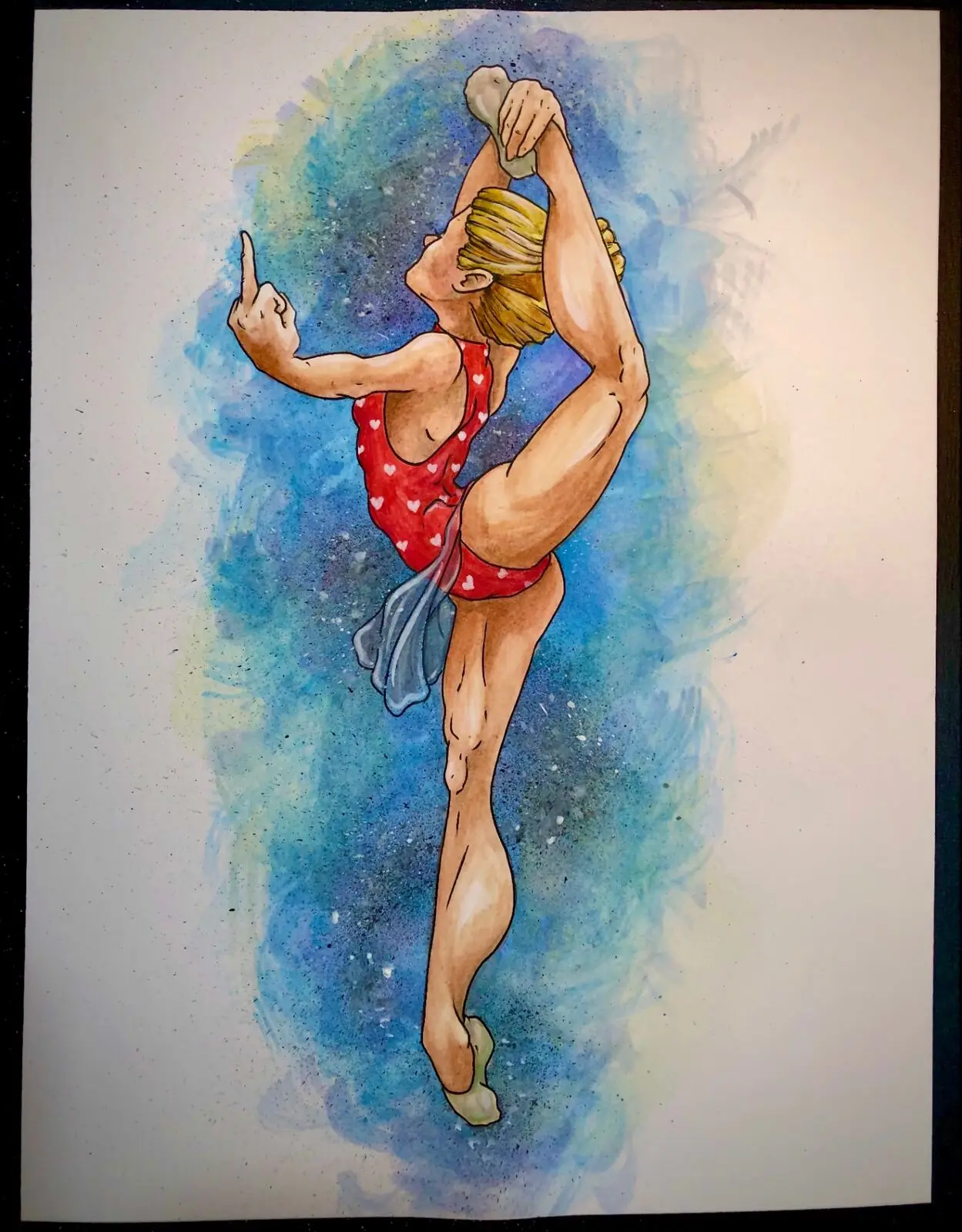 Watercolor pinup of a blonde gymnast in a red heart-print leotard pulling a scorpion stretch and flipping the bird against a blue splatter background