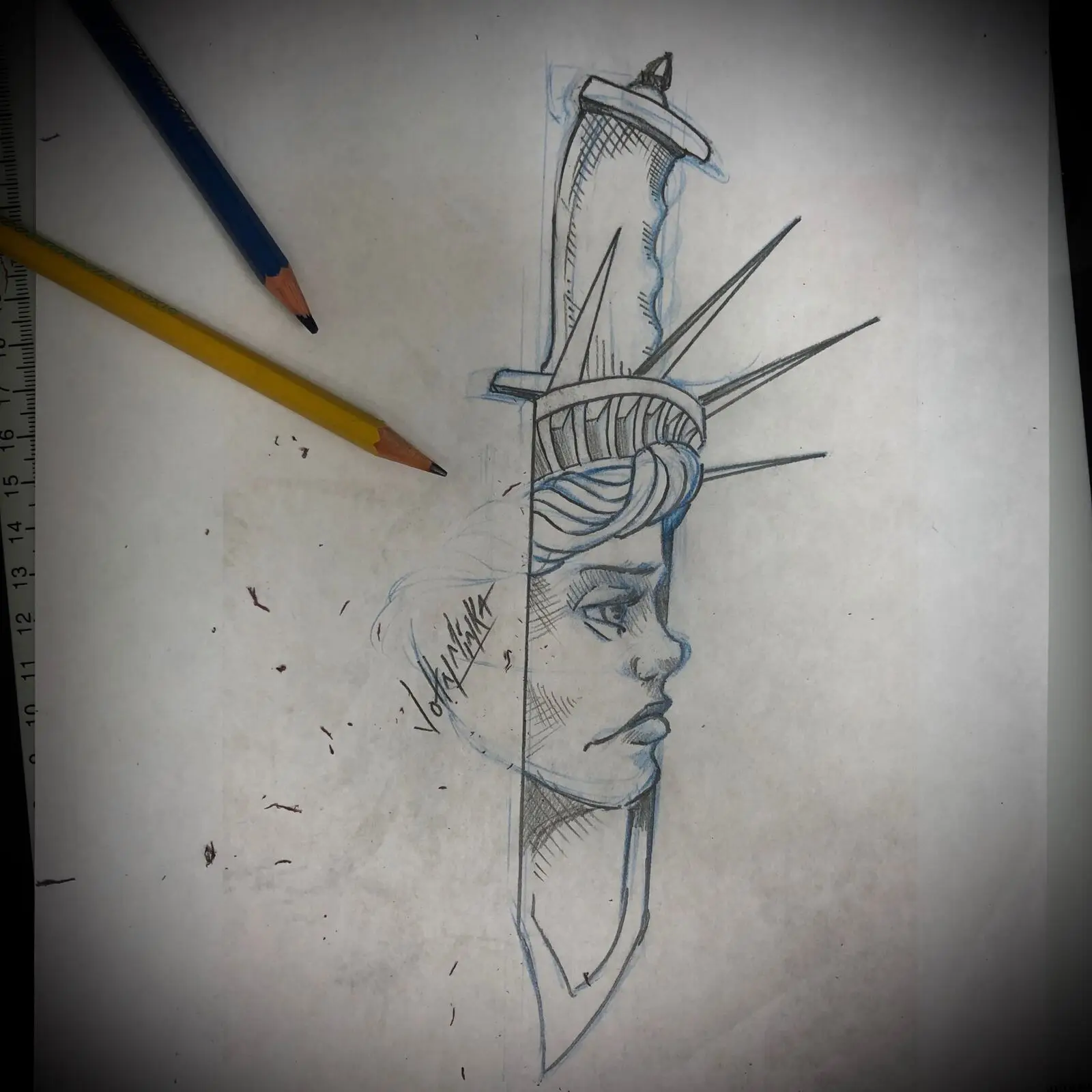Pencil and blue-line sketch of a Statue of Liberty bust fused with a dagger blade, a Neo Traditional tattoo design by John