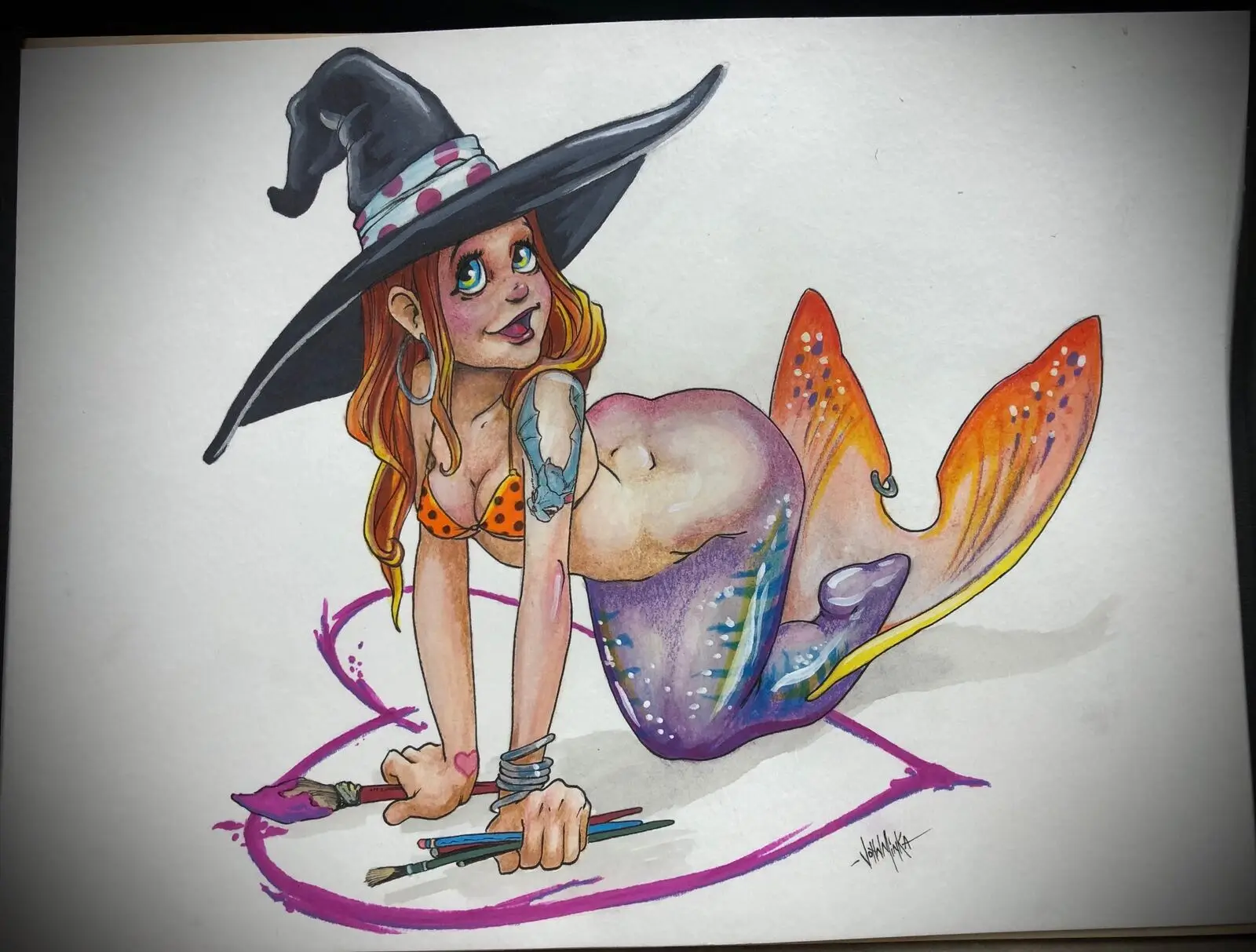 Color illustrative mermaid witch with hat and paintbrushes original painting