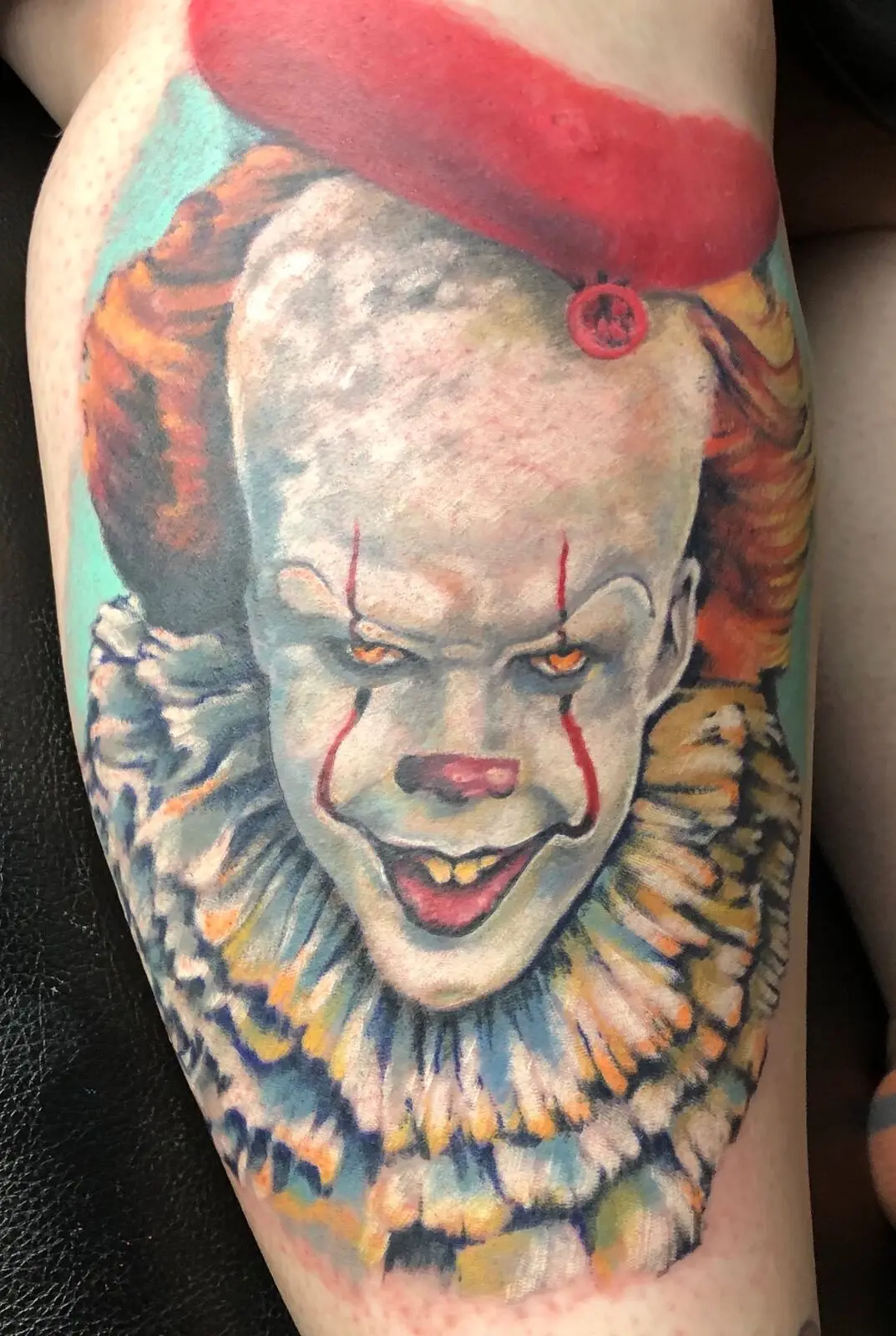 Full color realism Pennywise the clown portrait tattoo from IT
