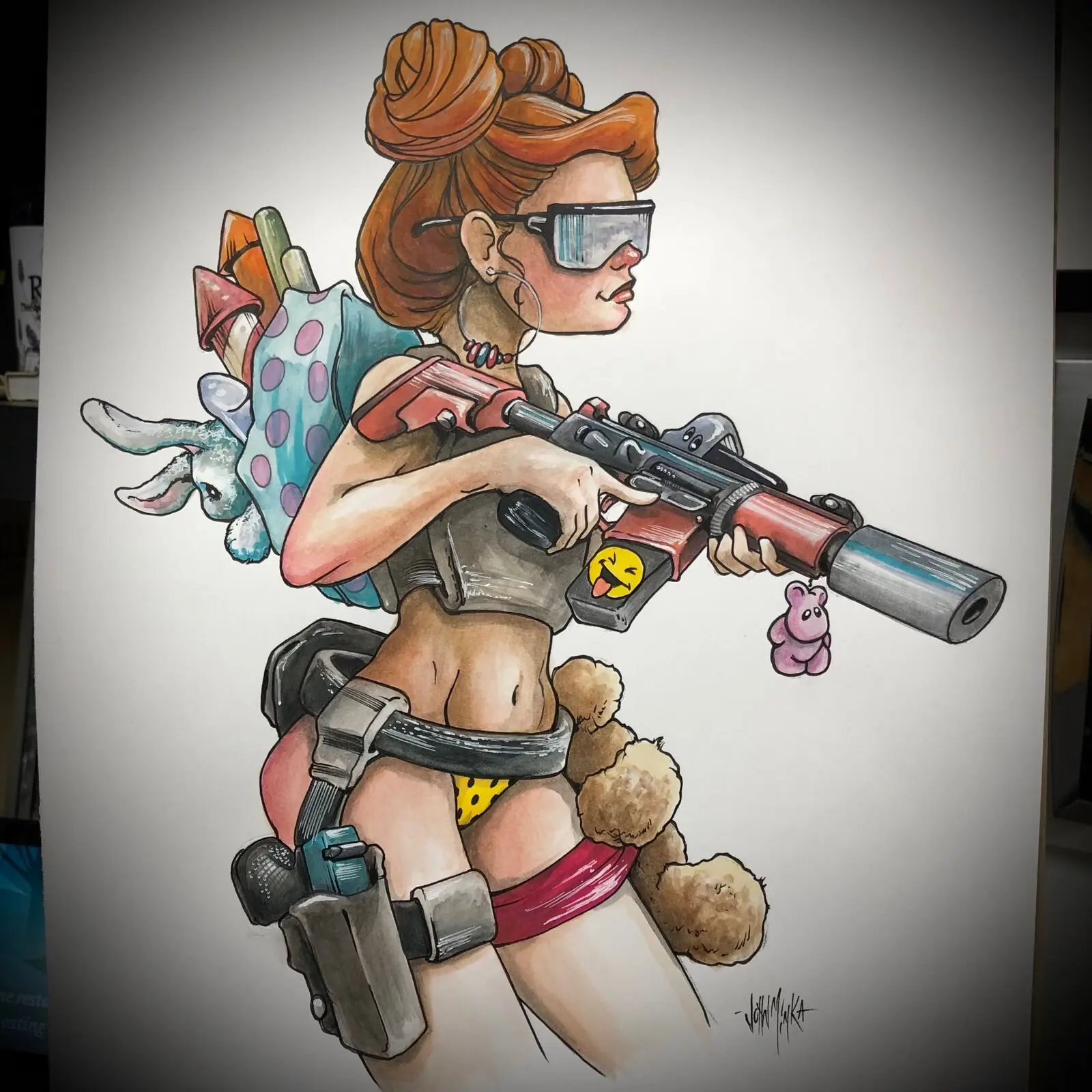 Color concept painting of a pinup girl with oversized glasses carrying a sci-fi blaster