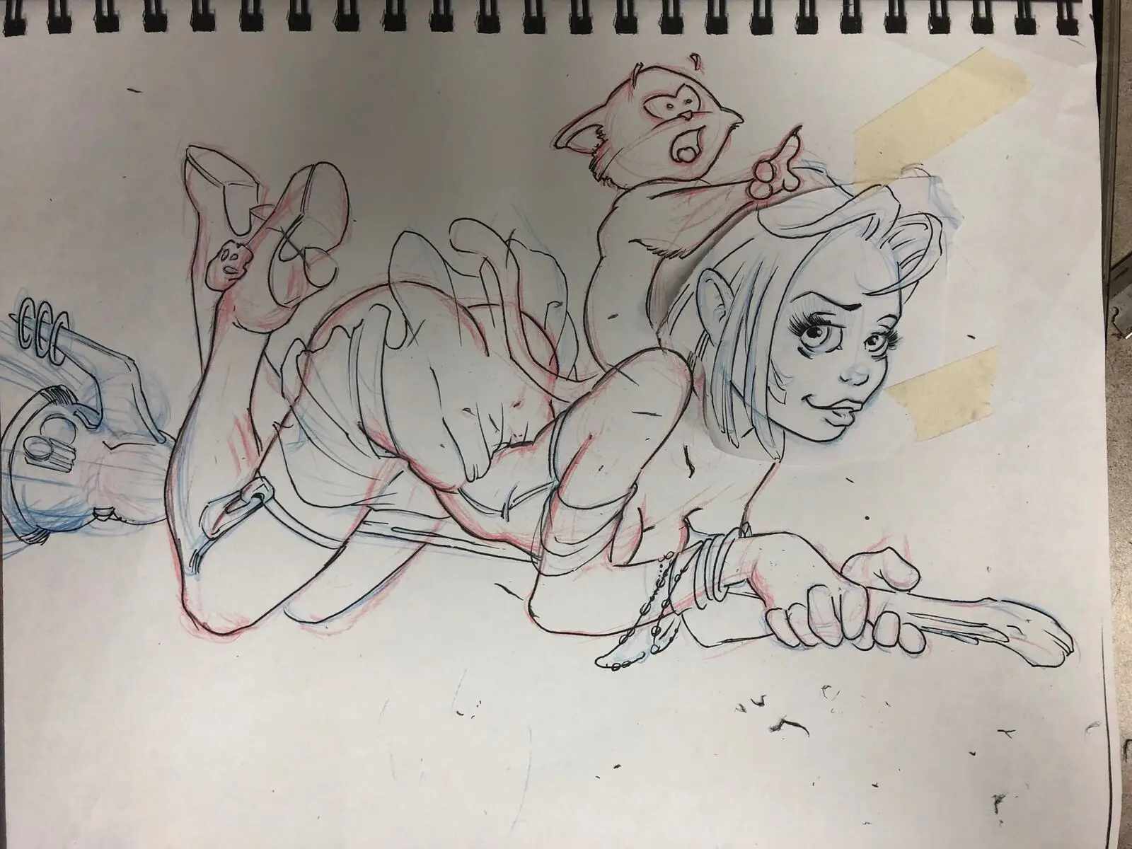 Pen and pencil sketch of a pinup girl with kitten reference by John