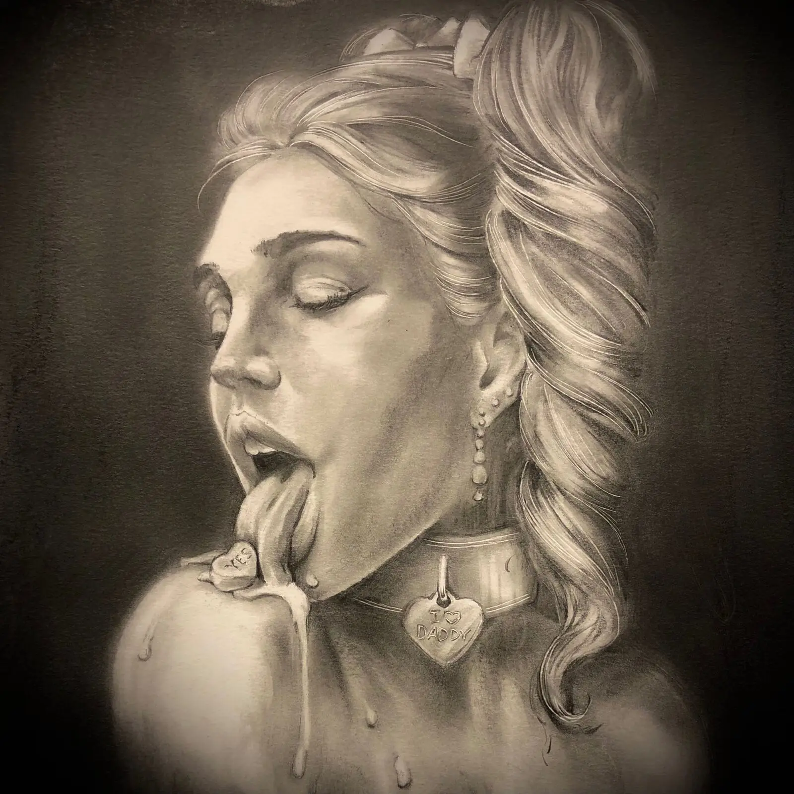 Pencil sketch of a pinup portrait with ponytail, candy heart on tongue and I love Daddy collar charm