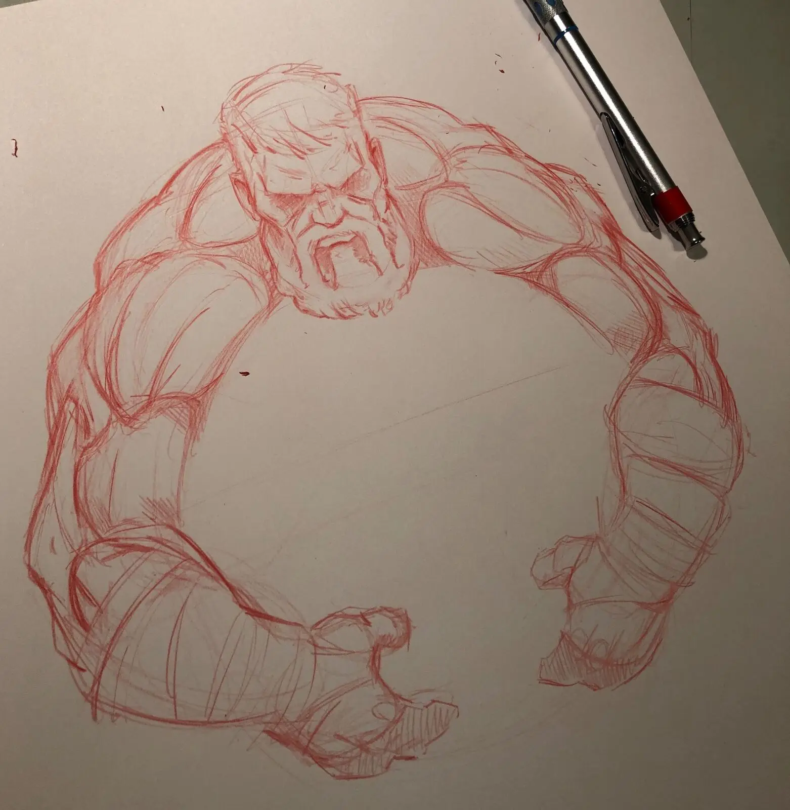 Red pencil sketch of a roaring strongman wrapped in a circular composition by John