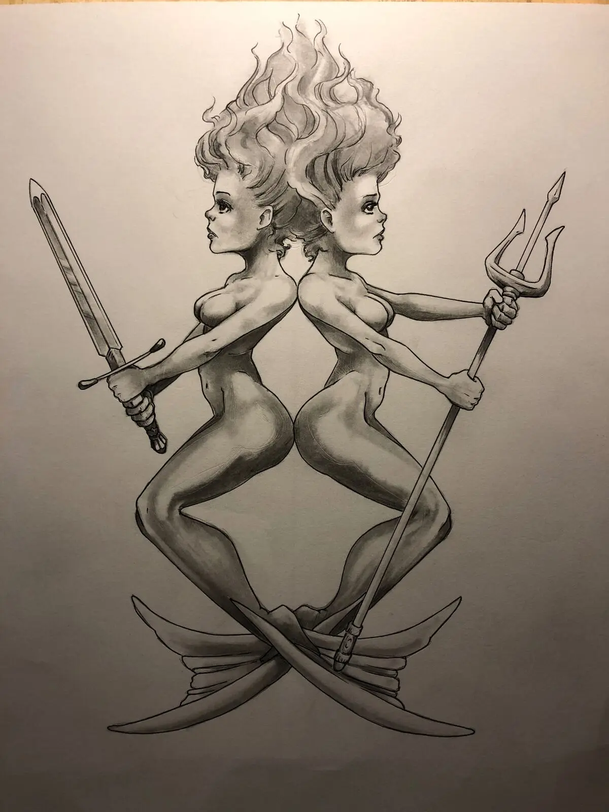 Black and grey pencil illustration of two back-to-back flame-haired warrior women wielding a sword and trident over crossed sabers