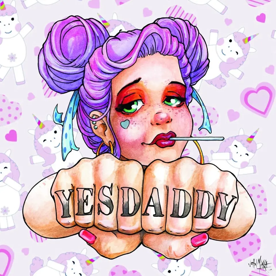 Neo traditional illustration of a purple-haired pinup with red eyeshadow and YES DADDY knuckle tattoos on a unicorn-print background